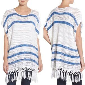 Cupcakes & Cashmere Pura Vida Striped Poncho Knit Tunic Top White Beach Cover Up